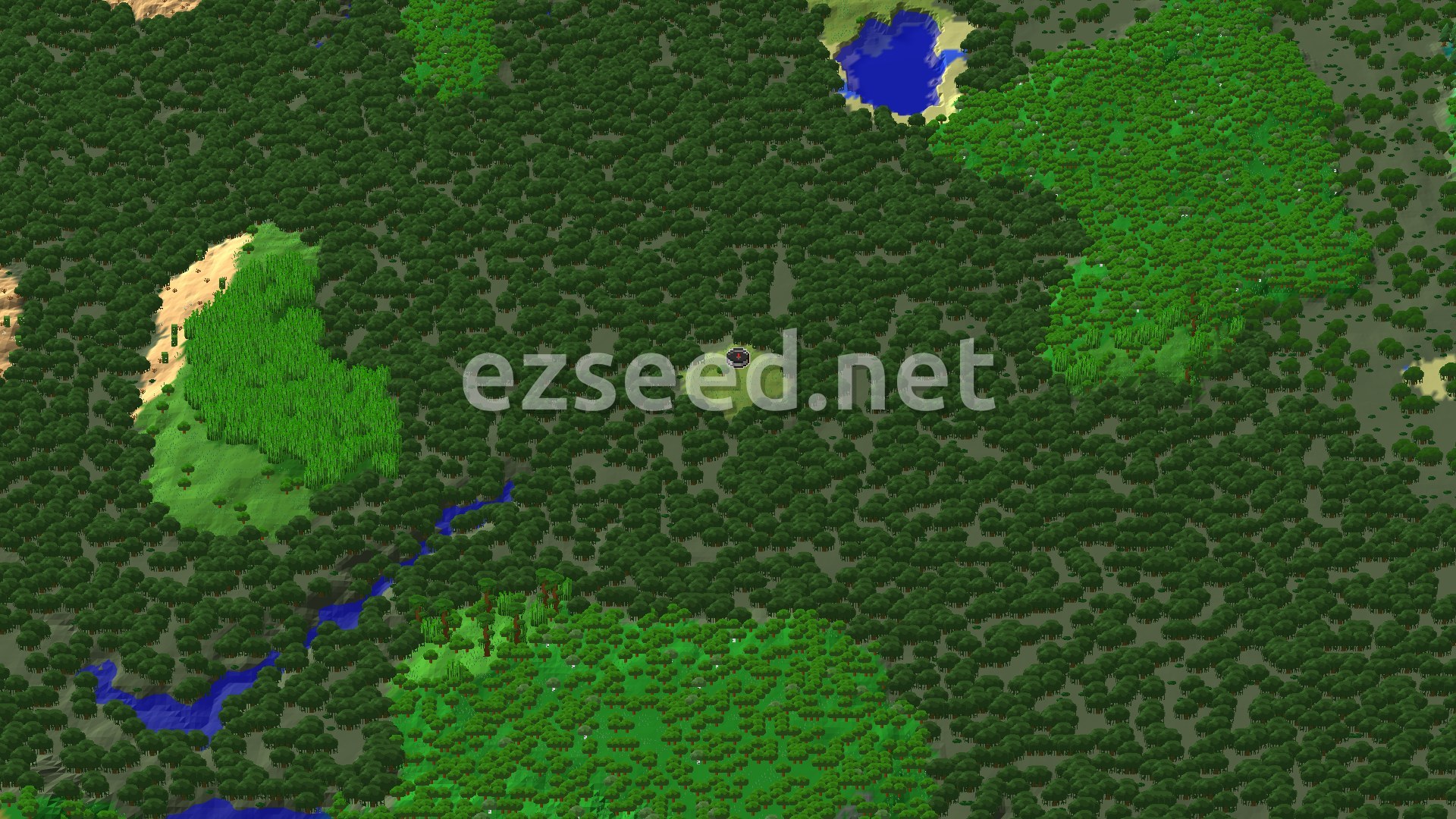 Aerial Minecraft seed map — Village and Mangrove Swamp at Spawn