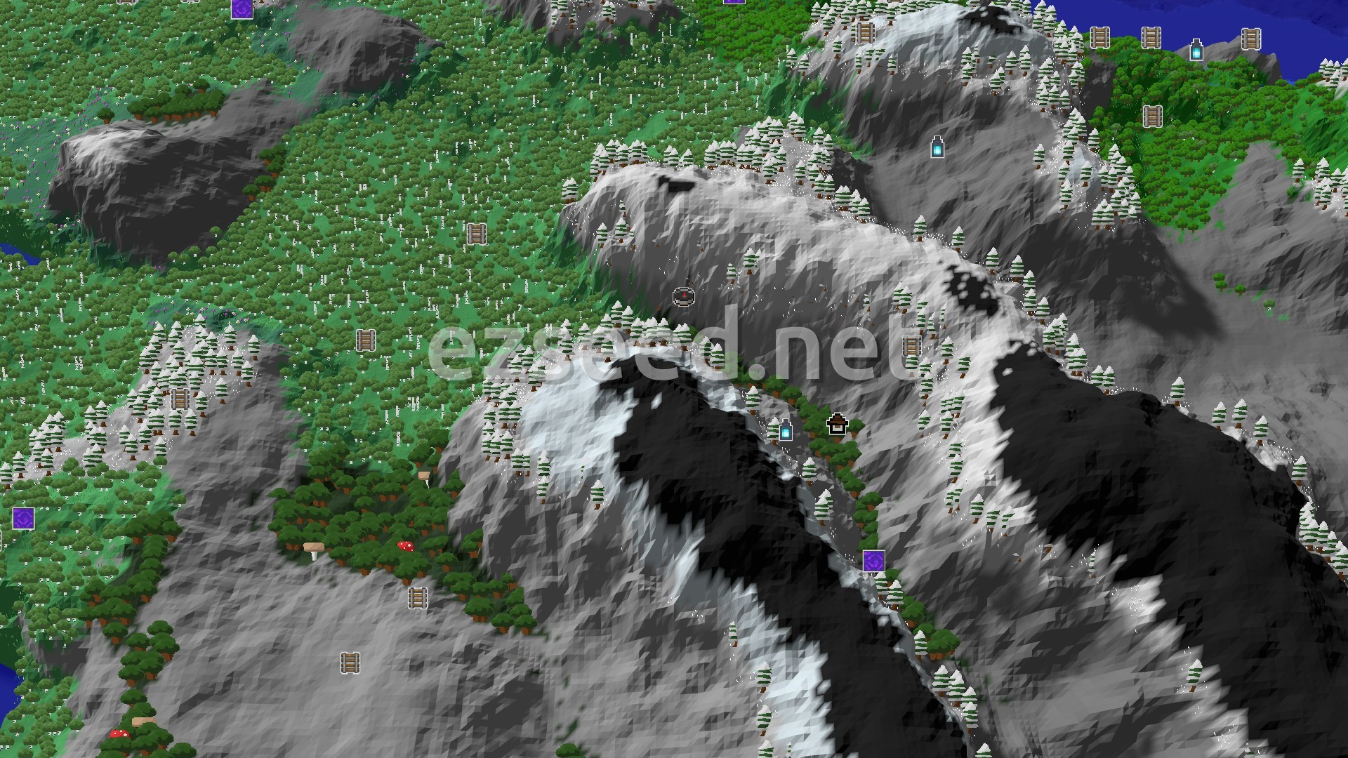 Aerial Minecraft seed map — Dark Forest Spawn with Mountains Nearby
