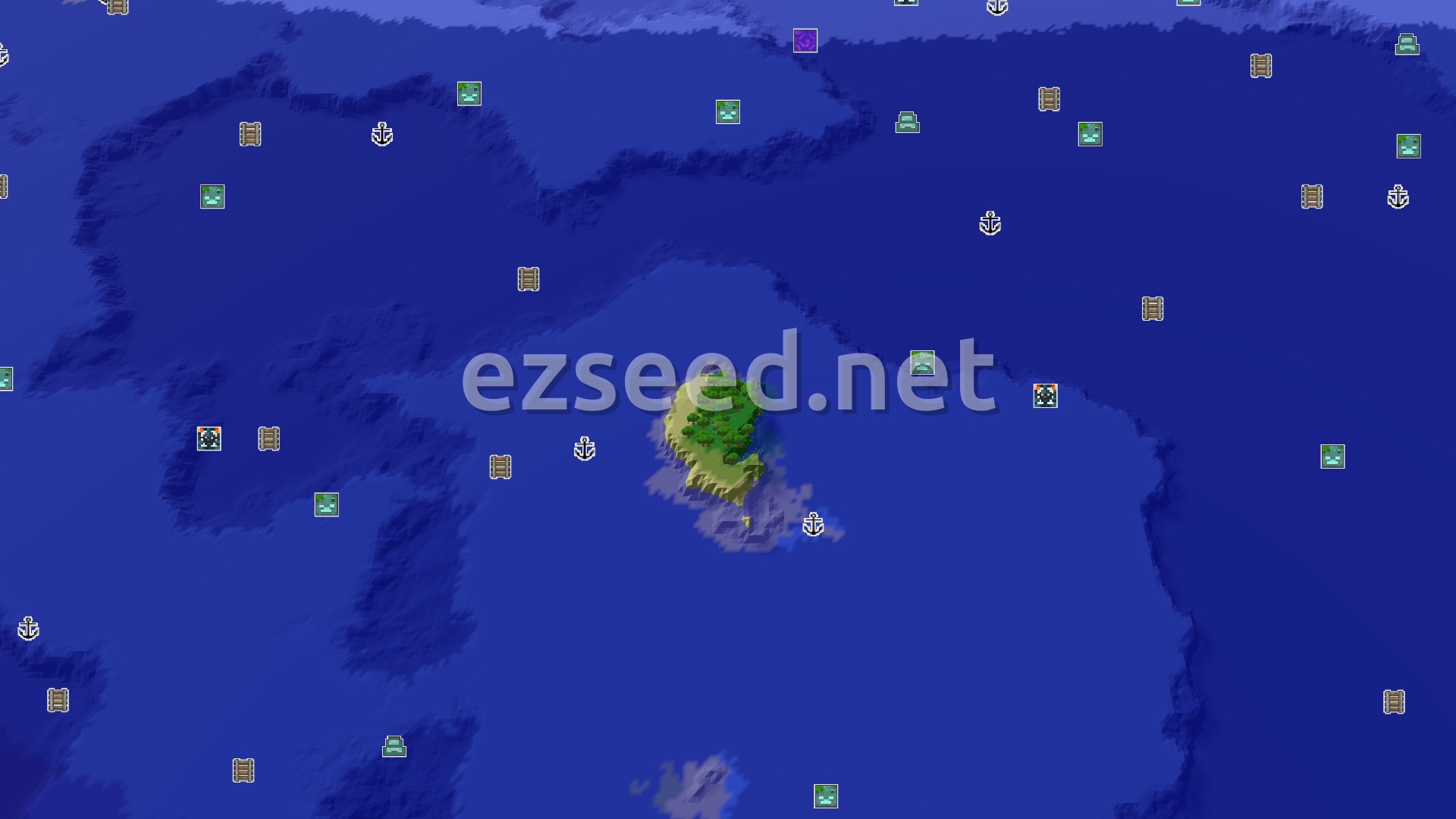 Aerial Minecraft seed map — An Island Taiga Spawn with Quick Access to the Deep