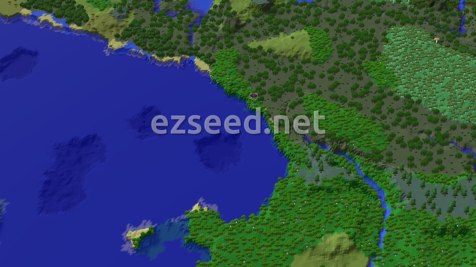 A 3D fly-over of a Minecraft world around the spawn point, showing dense forest, a winding river, and a large body of water. The terrain is gently rolling with some elevated areas, under a clear sky.