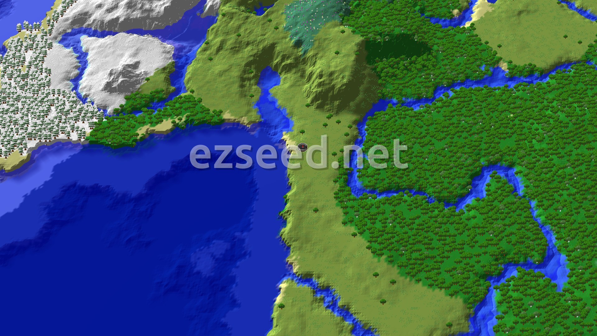 Aerial Minecraft seed map — Village Next to Spawn in a Diverse Landscape