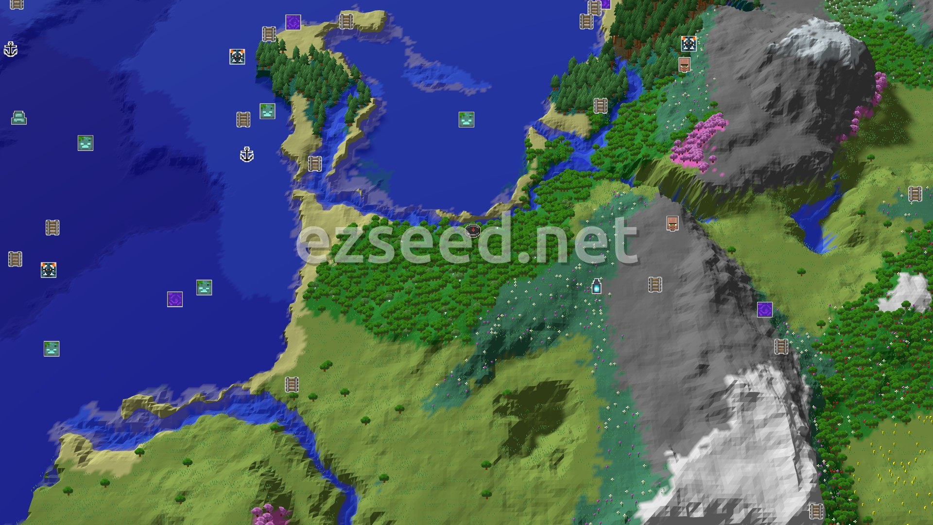 Aerial Minecraft seed map — Forest Spawn with Nearby Ancient City and Cherry Grove