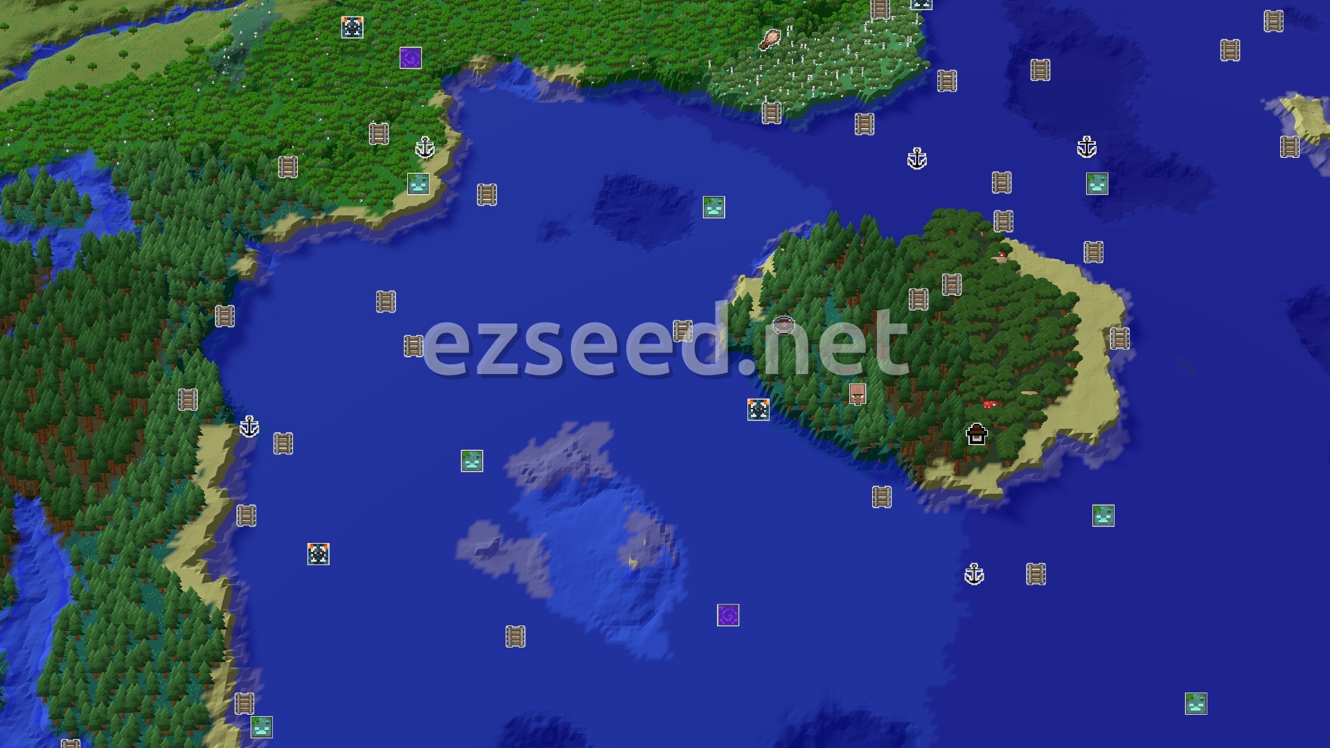 Aerial Minecraft seed map — A Taiga Start with Nearby Trial Chambers and a Mansion