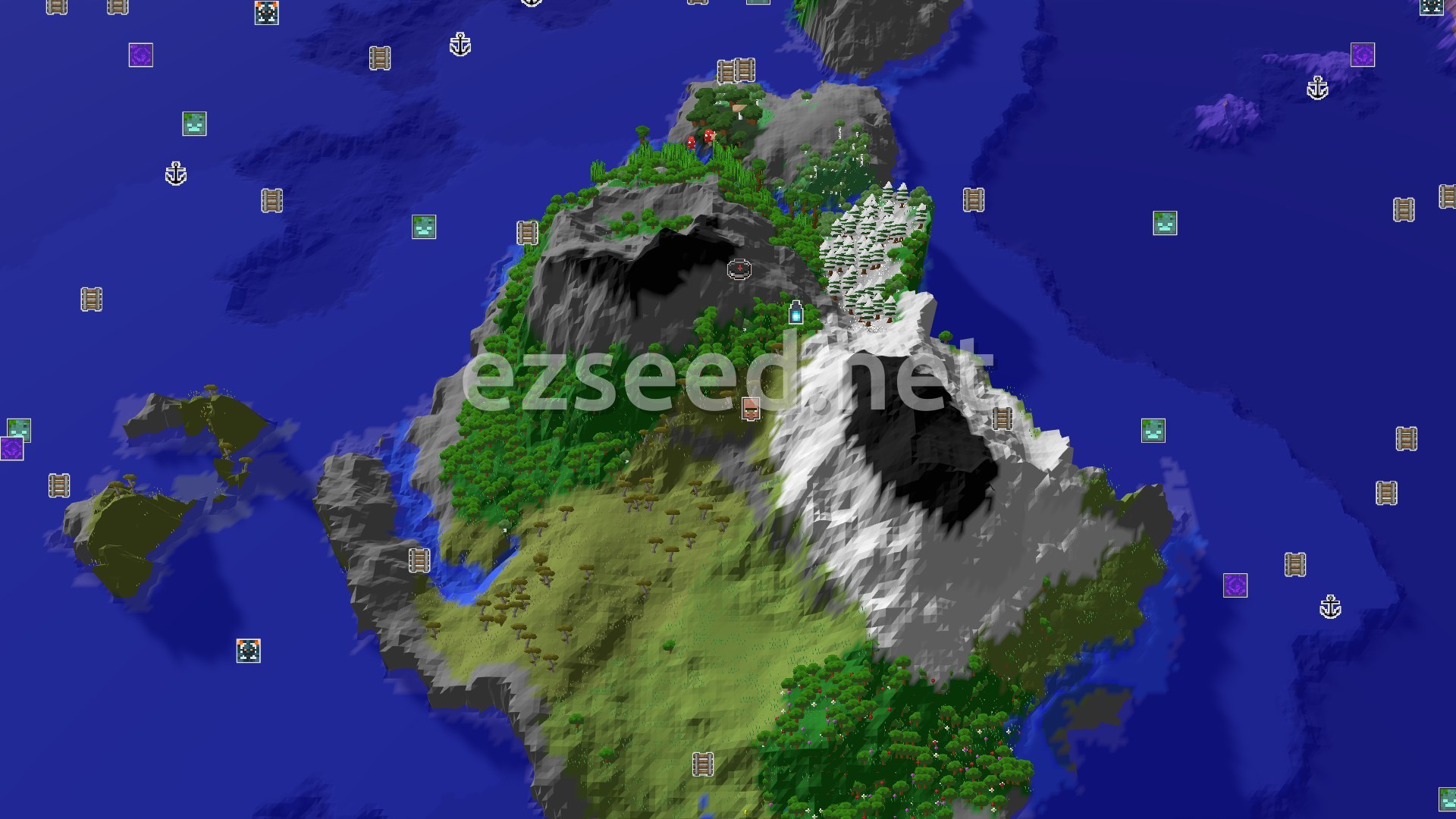 Aerial Minecraft seed map — Spawn in Peaks, Ancient City Close By