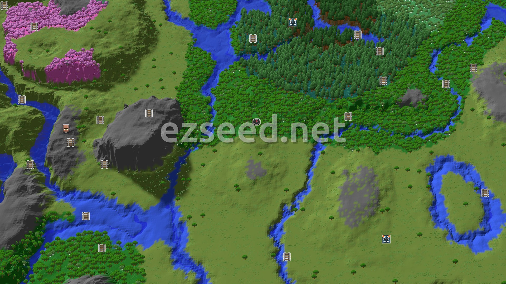 Aerial Minecraft seed map — Forest Spawn with a Nearby Cherry Grove