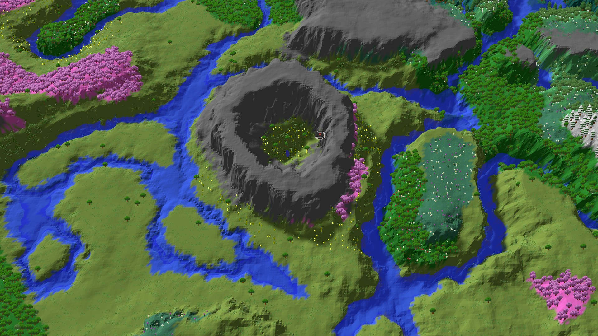 Aerial Minecraft seed map — Cherry Grove Start Near a Mountain Crater