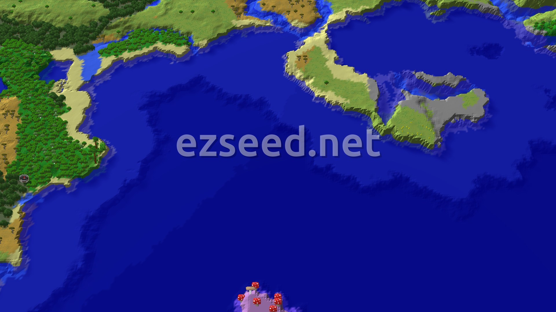 A 3D fly-over of a varied landscape, featuring dense forests, sandy beaches, a winding river, and a large ocean with a small mushroom island in the distance.