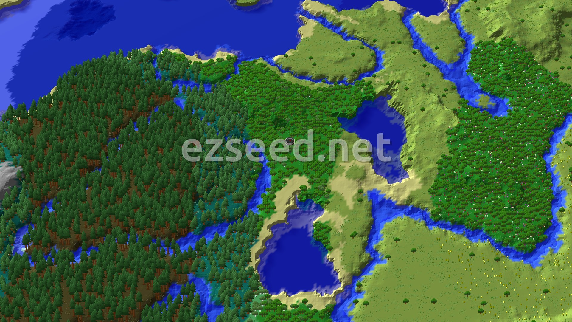 Aerial Minecraft seed map — Forest Spawn with a Near Pillager Outpost