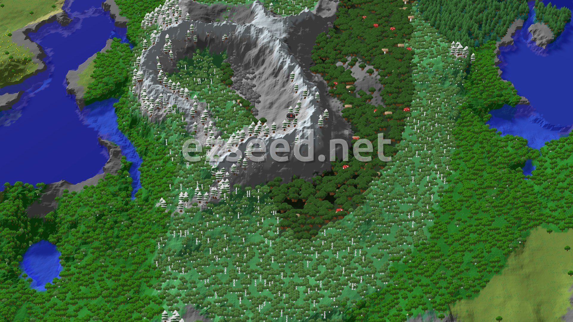 Aerial Minecraft seed map — A Mountainous Start with Ancient Secrets