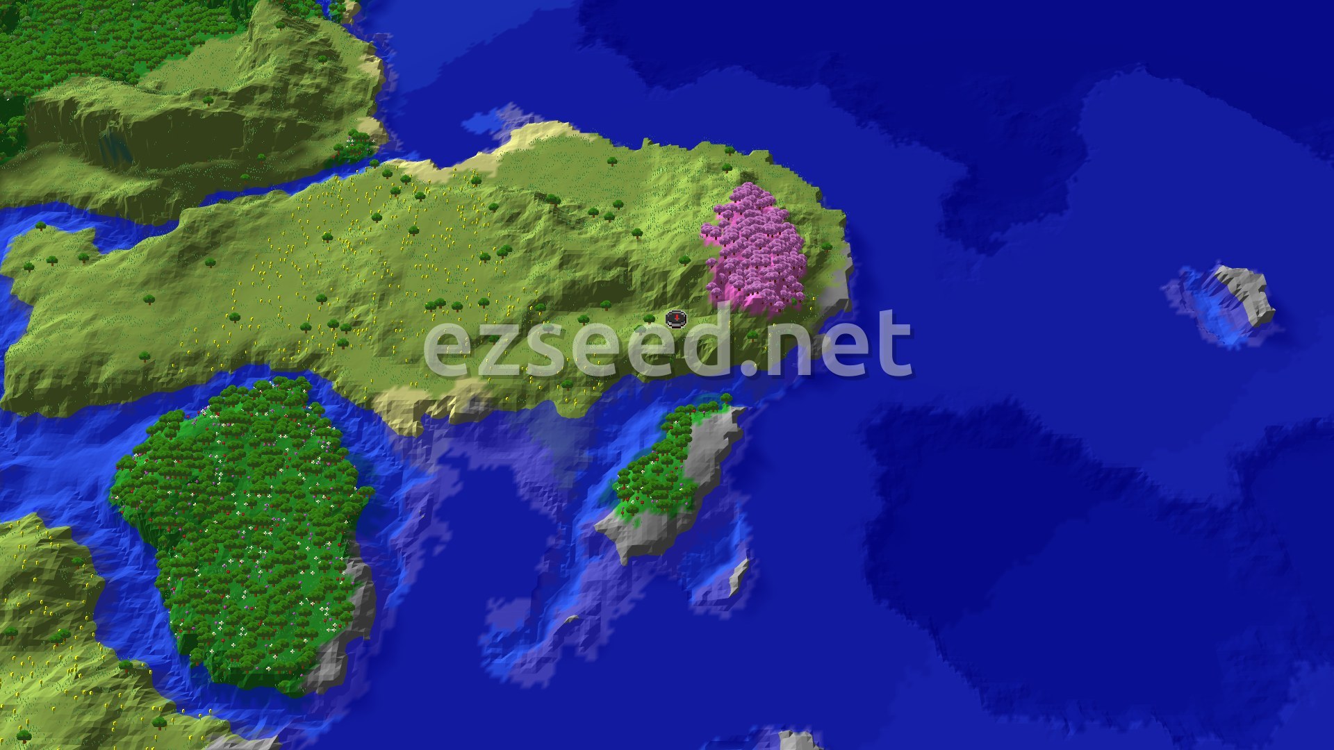 Aerial Minecraft seed map — Cherry Grove and Trial Chambers Close to Spawn