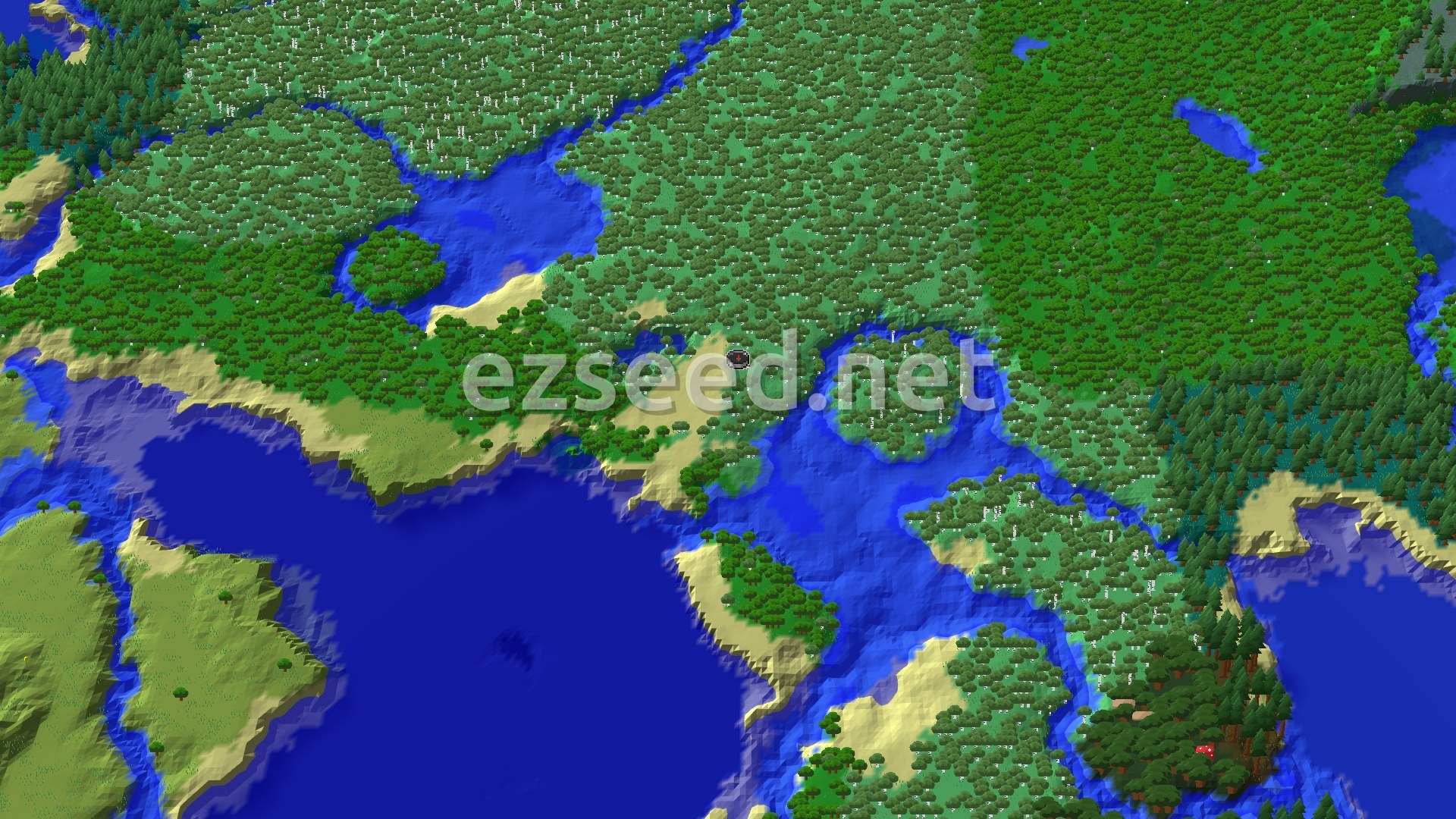 An overhead view of a diverse forest landscape, showing dense green trees, lighter green patches of birch, and winding blue rivers leading to a large ocean, with sandy beaches along the coast. A small spawn marker is visible near the center.