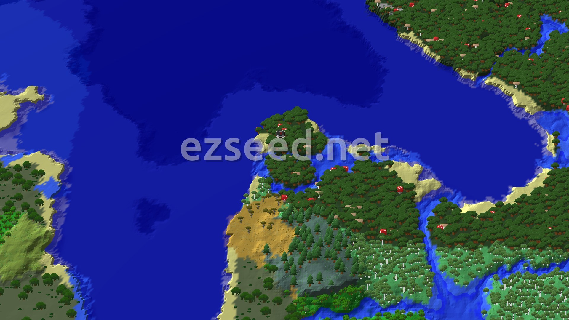 Aerial Minecraft seed map — Dark Forest Island Spawn with Trial Chambers Nearby