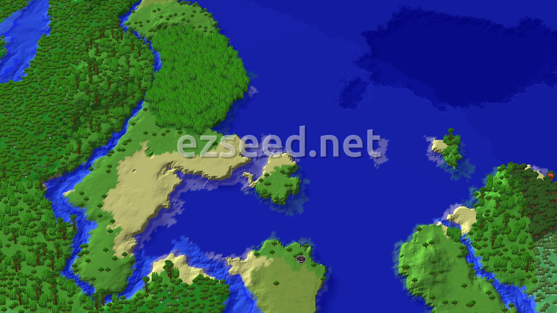 Aerial Minecraft seed map — Jungle Coastline with Nearby Trial Chambers
