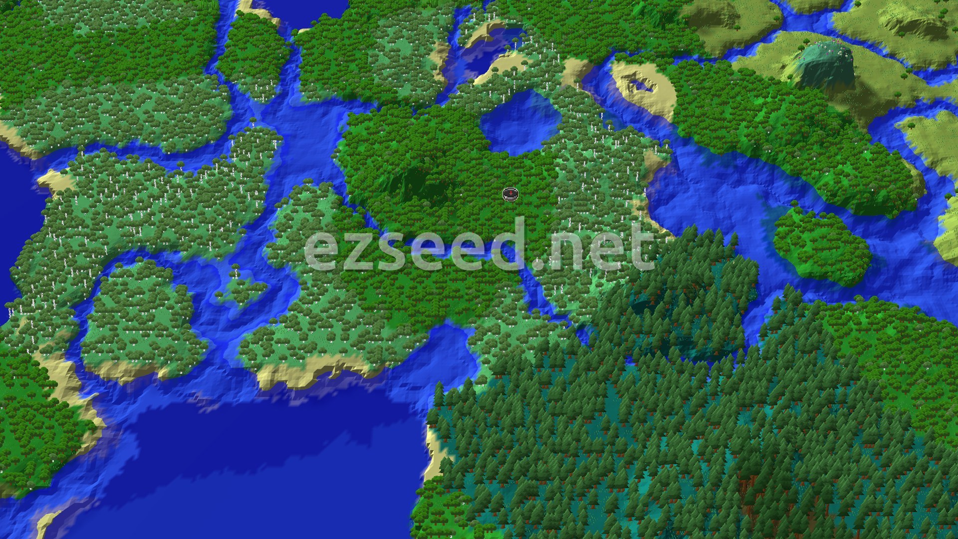 A bird's-eye view of a largely forested landmass, surrounded by rivers and oceans, with a small central island and distant hills.