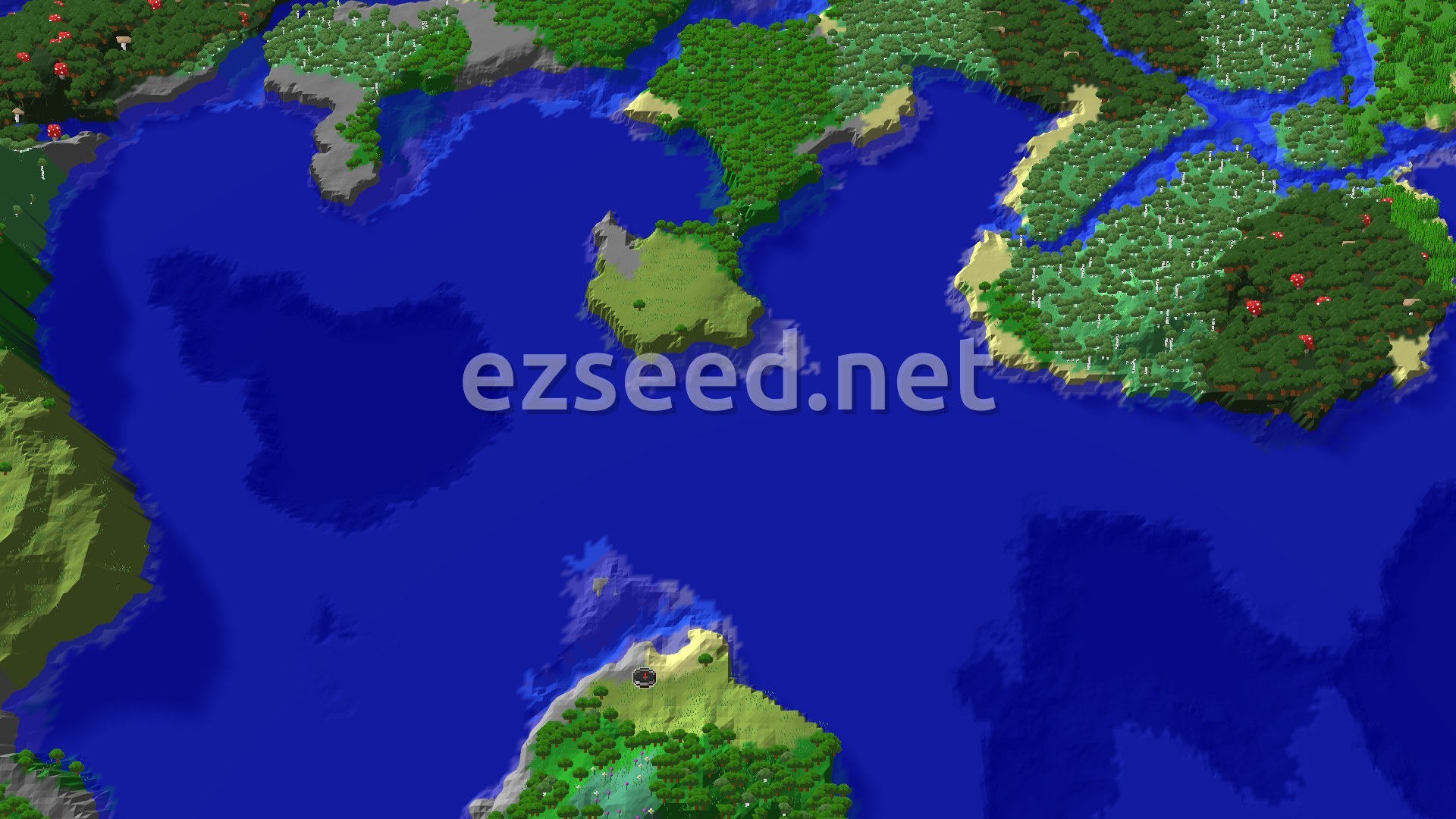An overhead 3D view of a Minecraft world, showing a small landmass with a spawn marker in the center. The land is mostly covered in green trees and some lighter green grassy areas, surrounded by dark blue ocean. There are also patches of beach and some rocky shores visible.