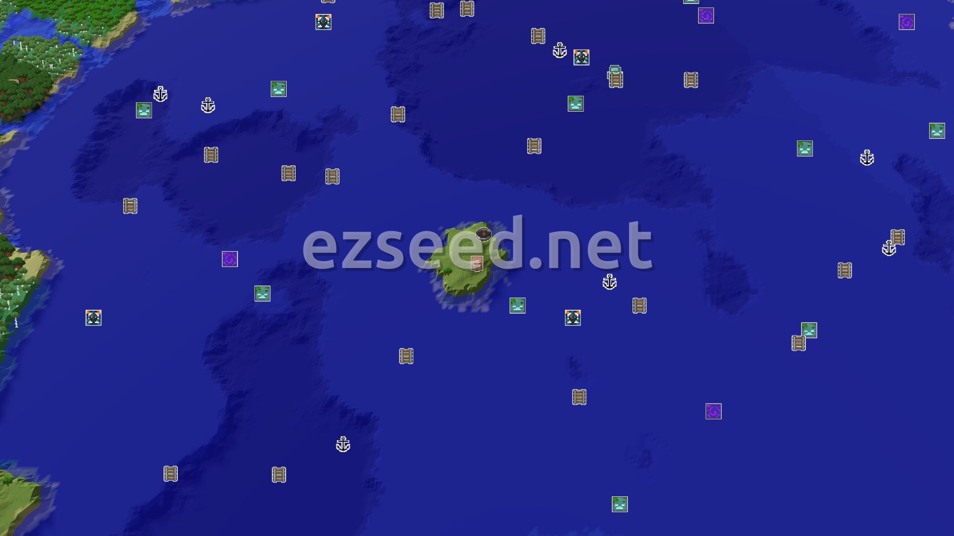 Aerial Minecraft seed map — Island Start with a Nearby Village and Trial Chambers