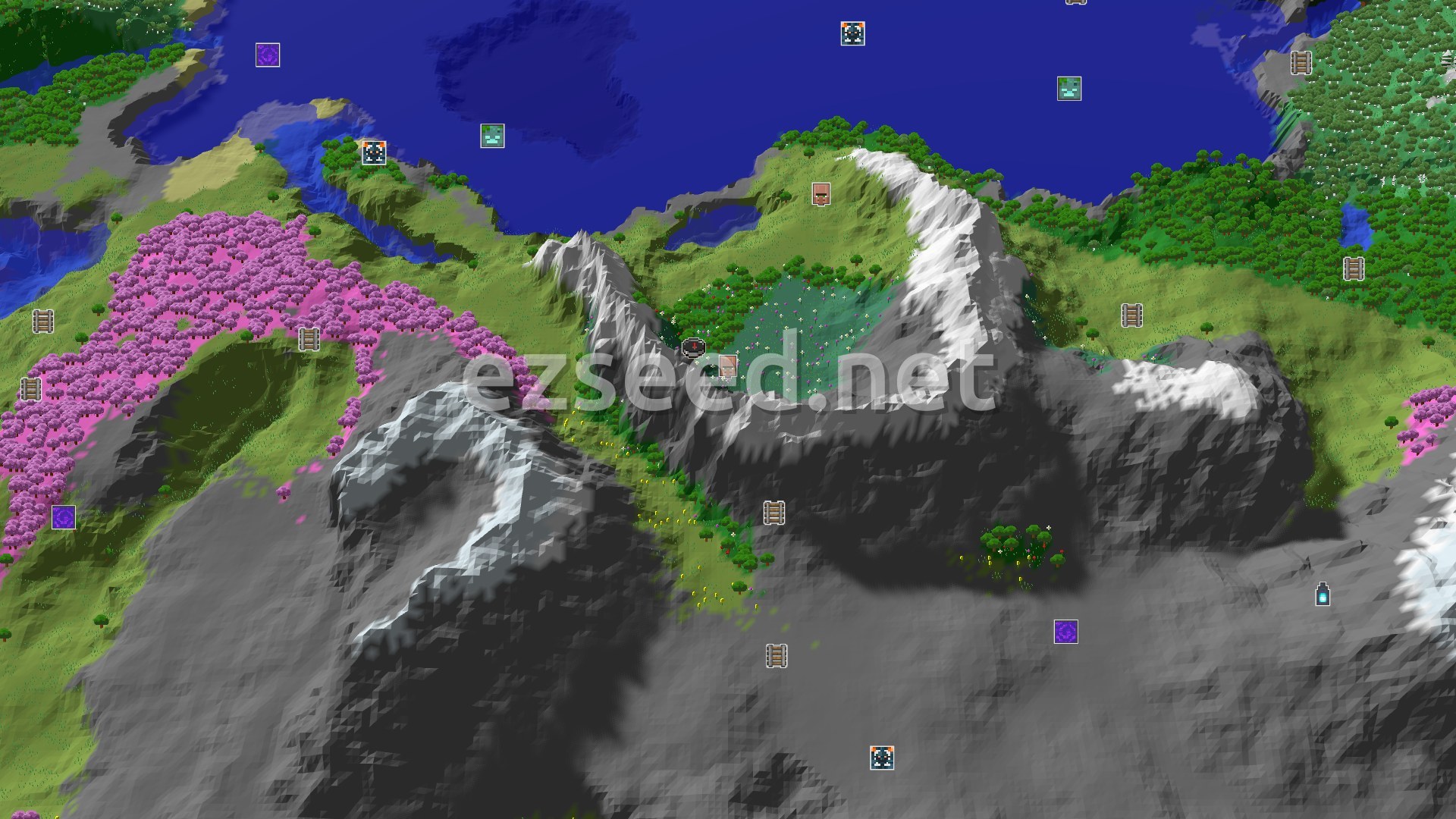 Aerial Minecraft seed map — Spawn in Snowy Slopes with Nearby Village and Cherry Grove