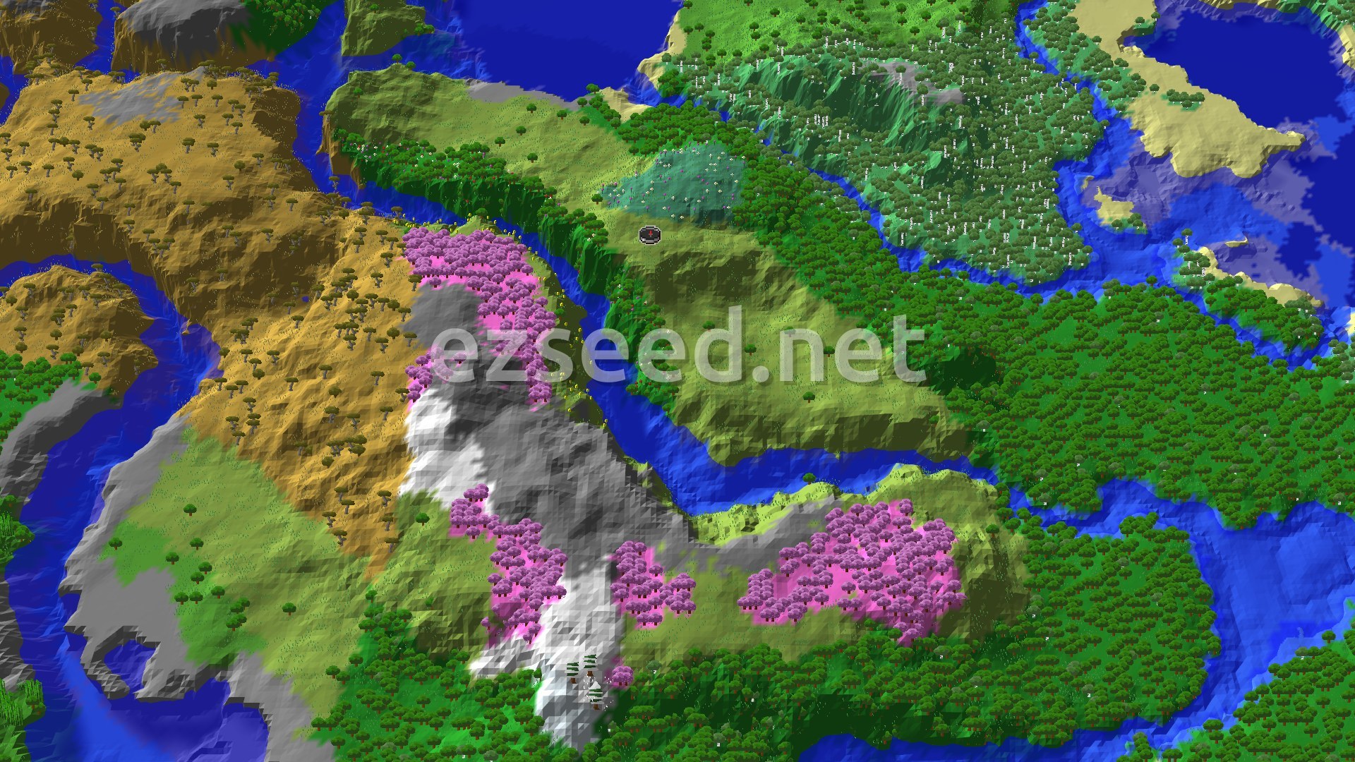 Aerial Minecraft seed map — Spawn Near a Flower Forest and a Lush Cherry Grove