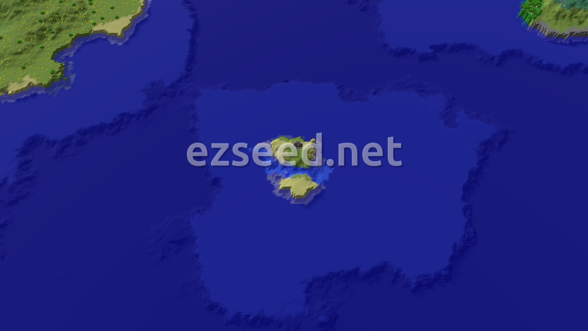 Aerial Minecraft seed map — Island Spawn with a Close Village and Underwater Wonders