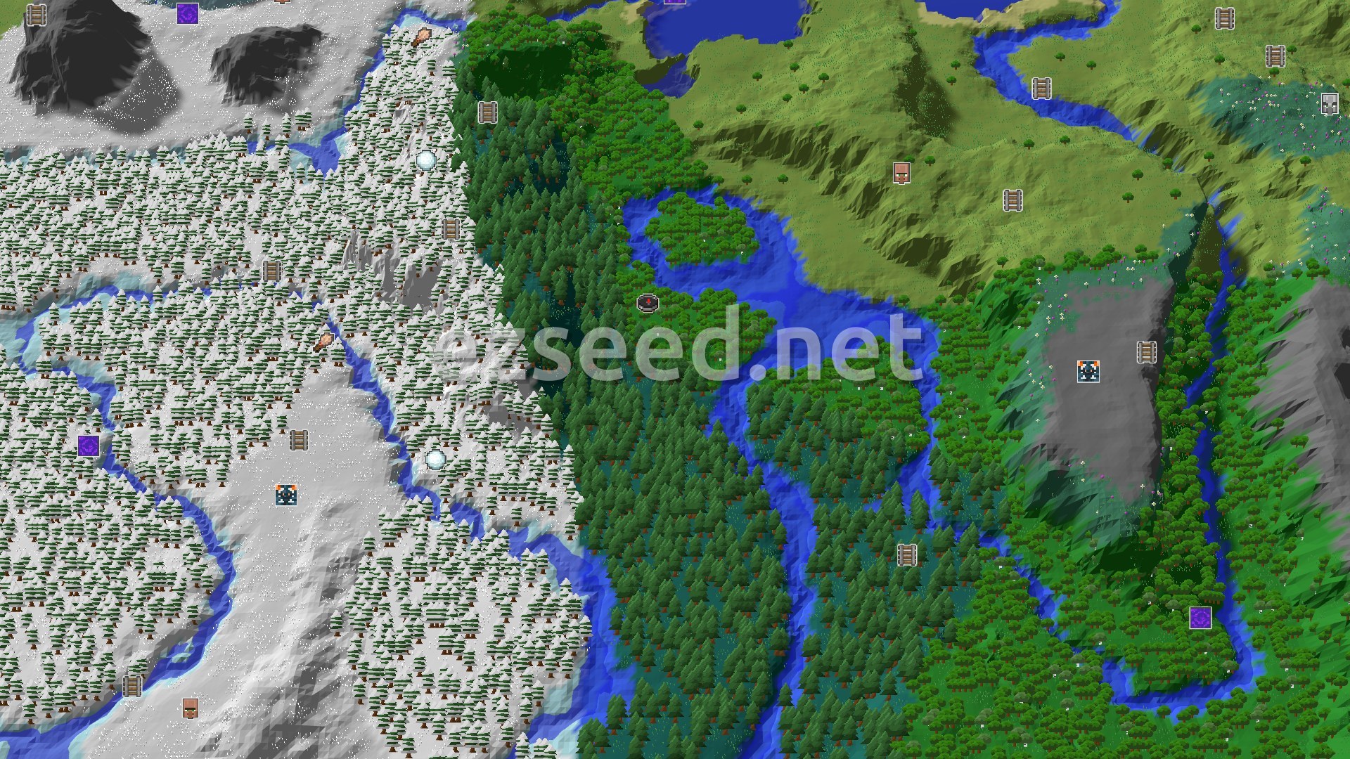 Aerial Minecraft seed map — Forest Spawn with Nearby Cold Biomes and Hidden Gems