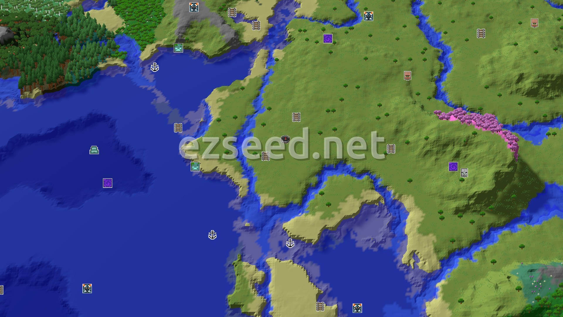 Aerial Minecraft seed map — Cherry Grove Near Spawn with Plenty of Ocean