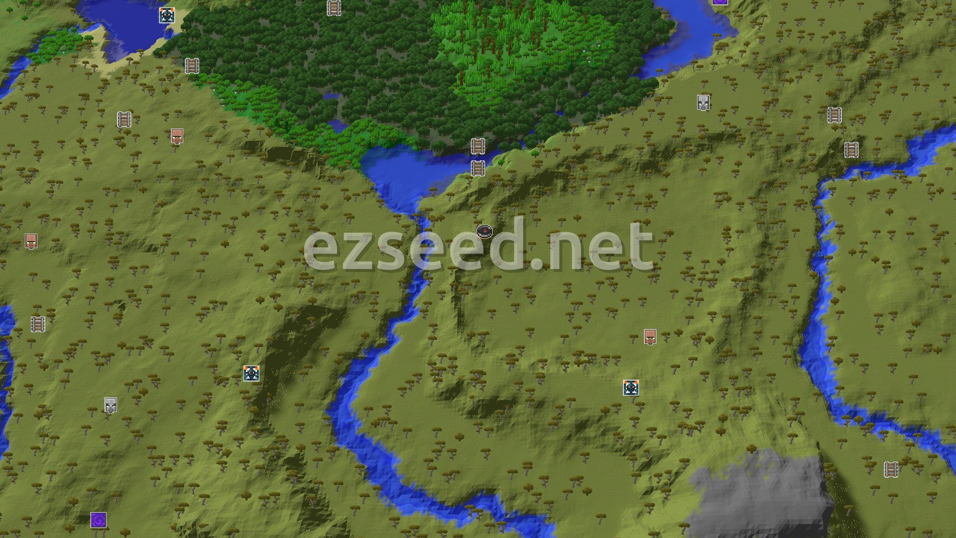 Aerial Minecraft seed map — Savanna Start with Nearby Mangrove and Cherry Groves