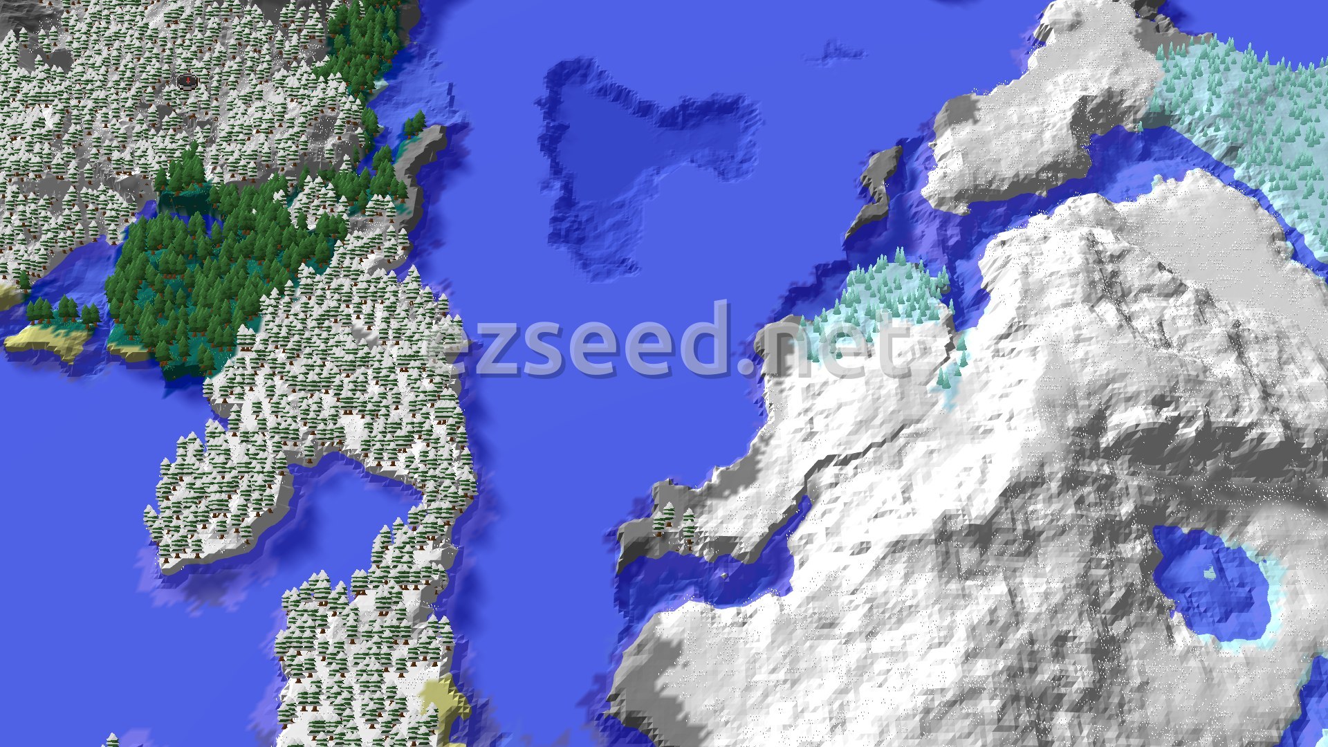 A bird's-eye view of a snowy, mountainous landscape with evergreen forests and patches of dark blue water, featuring a small red spawn marker in a green tree-filled area.