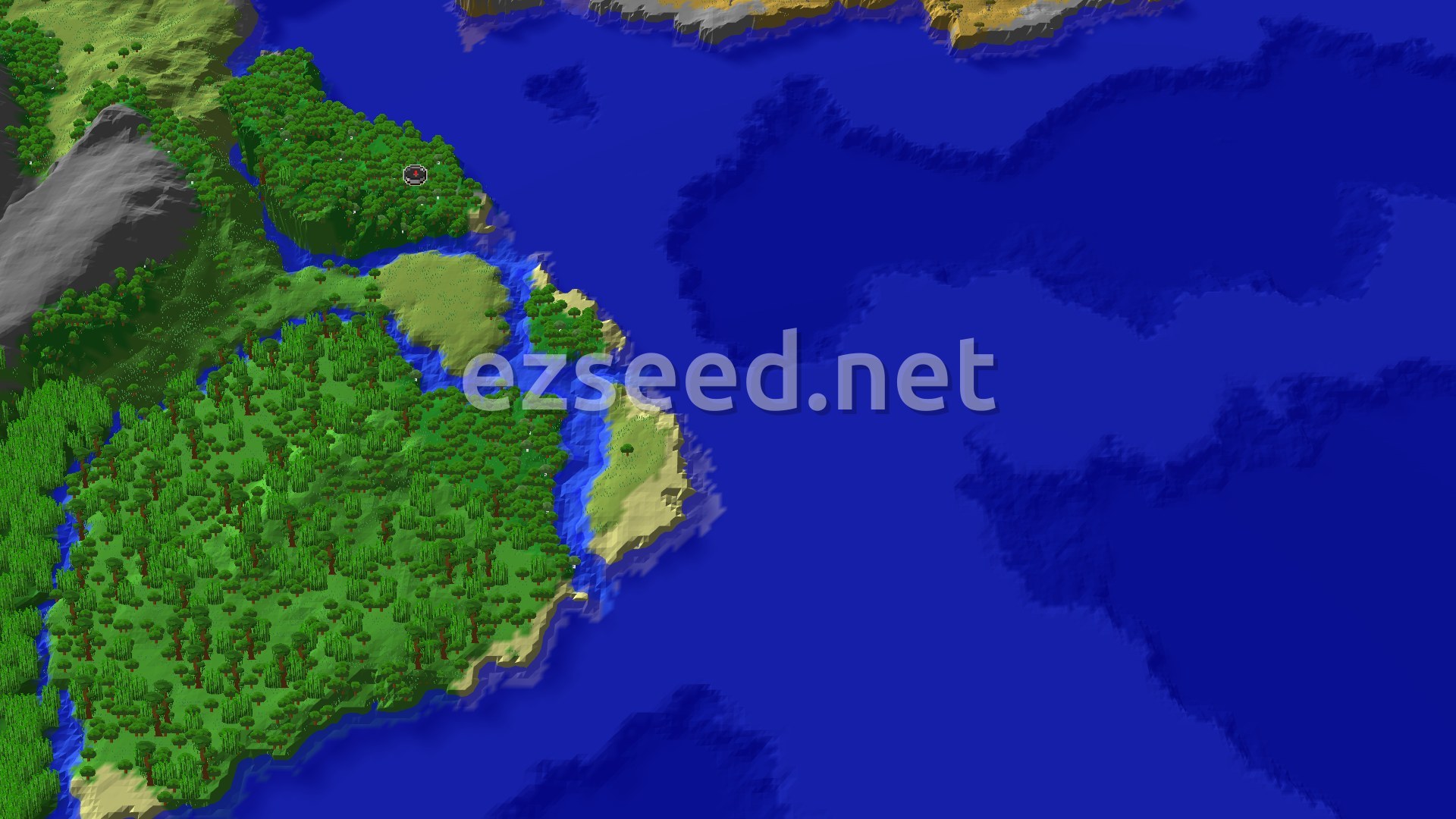 Aerial Minecraft seed map — Forest Spawn with a Close Ancient City and Jungle