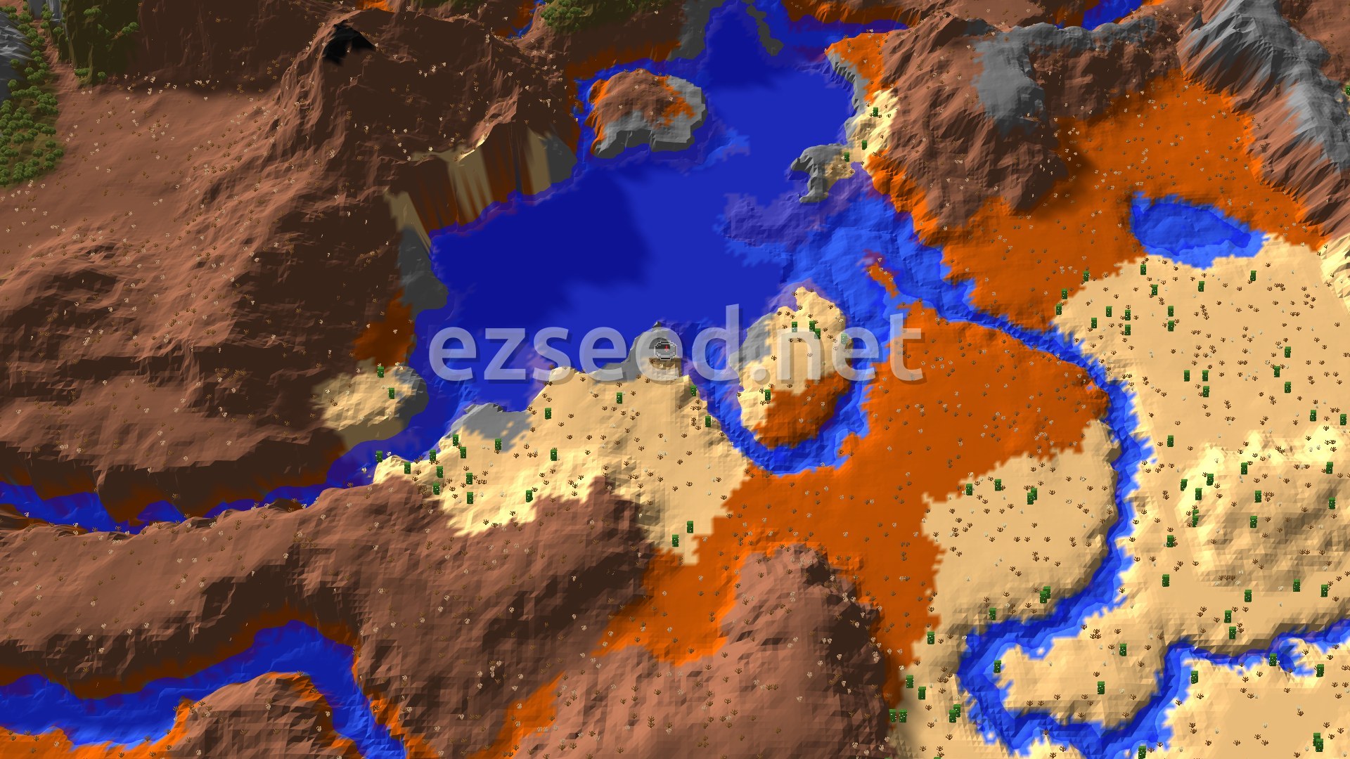 Aerial Minecraft seed map — Badlands and Desert with a Close Ancient City