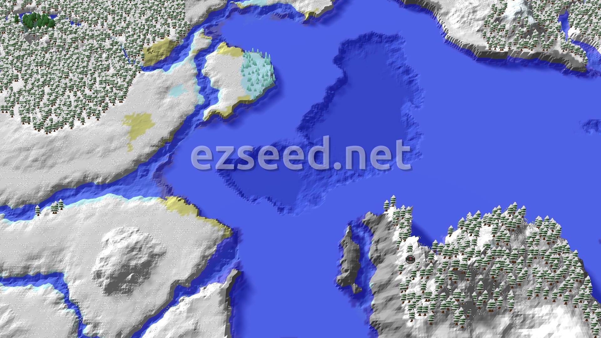 Aerial Minecraft seed map — Frozen Ocean World with a Close Ancient City
