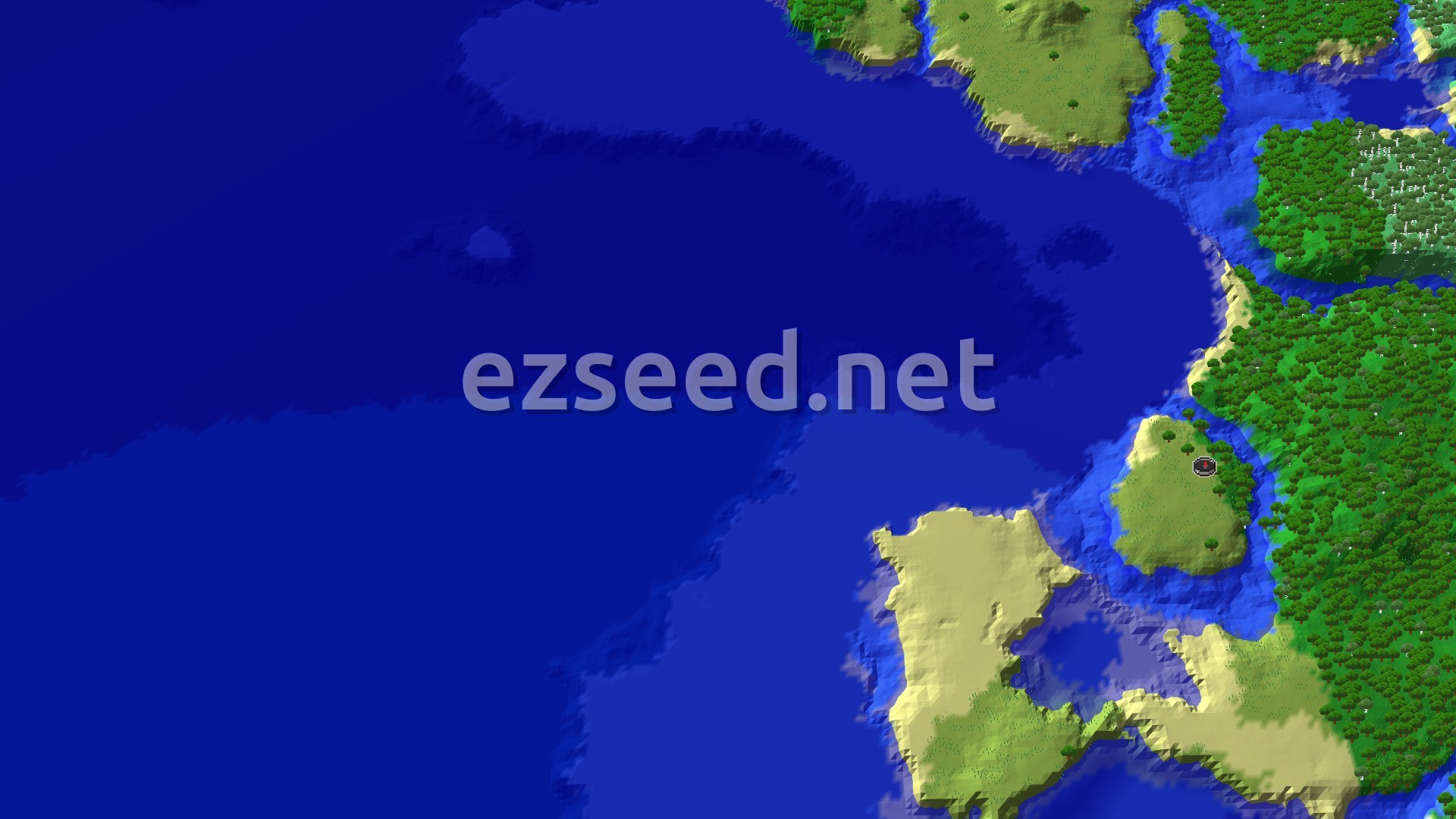 An aerial view showing a large ocean with several forested islands and mainland areas, with a small spawn marker in a grassy plain.