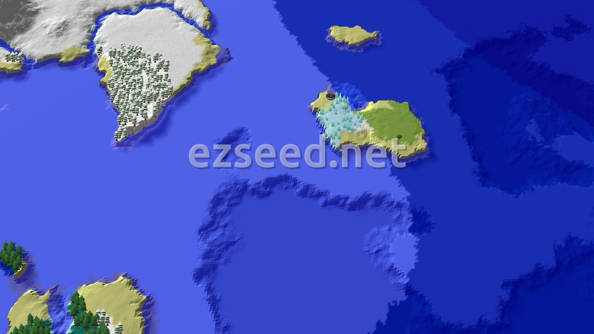 Aerial Minecraft seed map — Ice Spikes Near Spawn on a Frozen Island