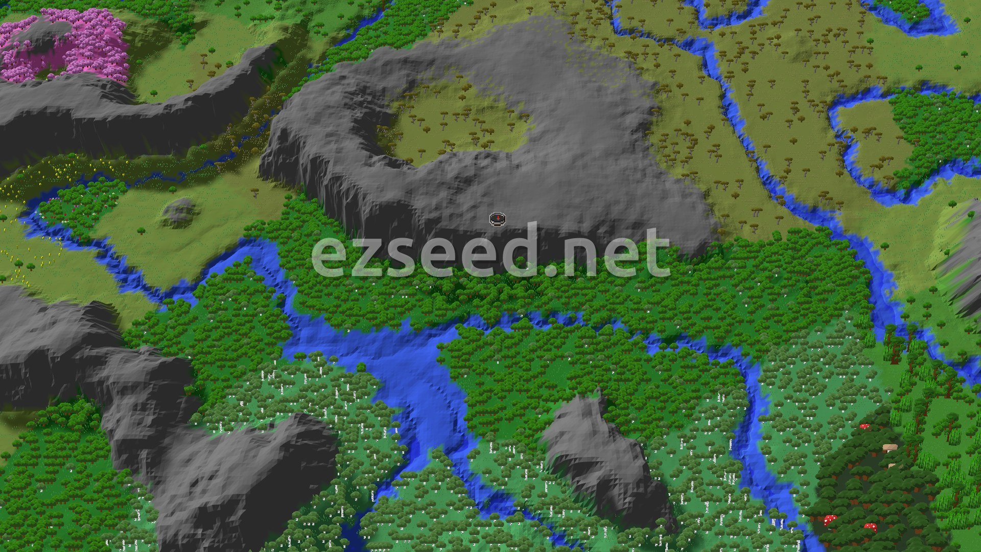 Aerial Minecraft seed map — A Lush Forest Start with Nearby Gems