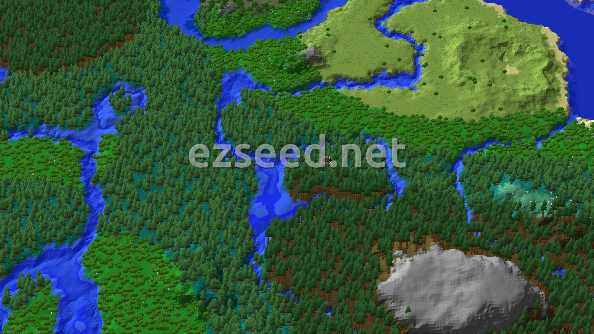 Aerial Minecraft seed map — Taiga Spawn with Nearby Trial Chambers