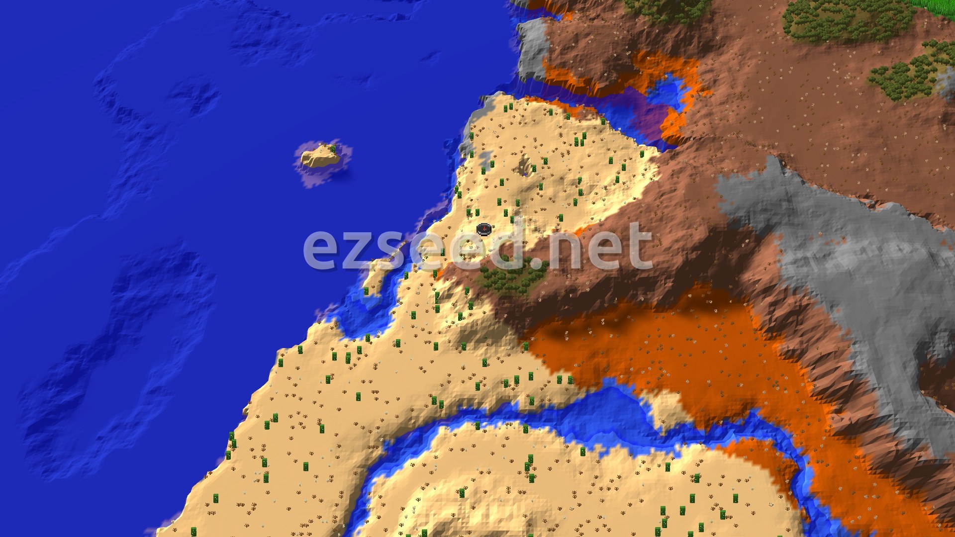 Aerial Minecraft seed map — Ancient City Not Far From Spawn in Badlands
