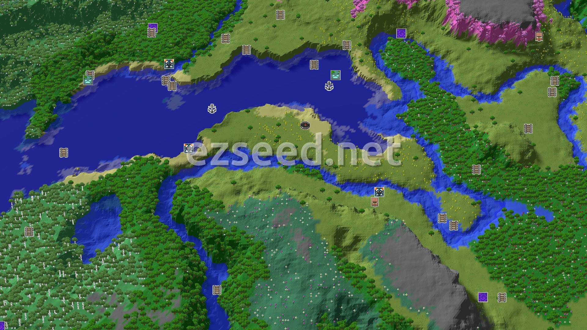 Aerial Minecraft seed map — A Sunflower Plains Spawn with Distant Cherry Groves