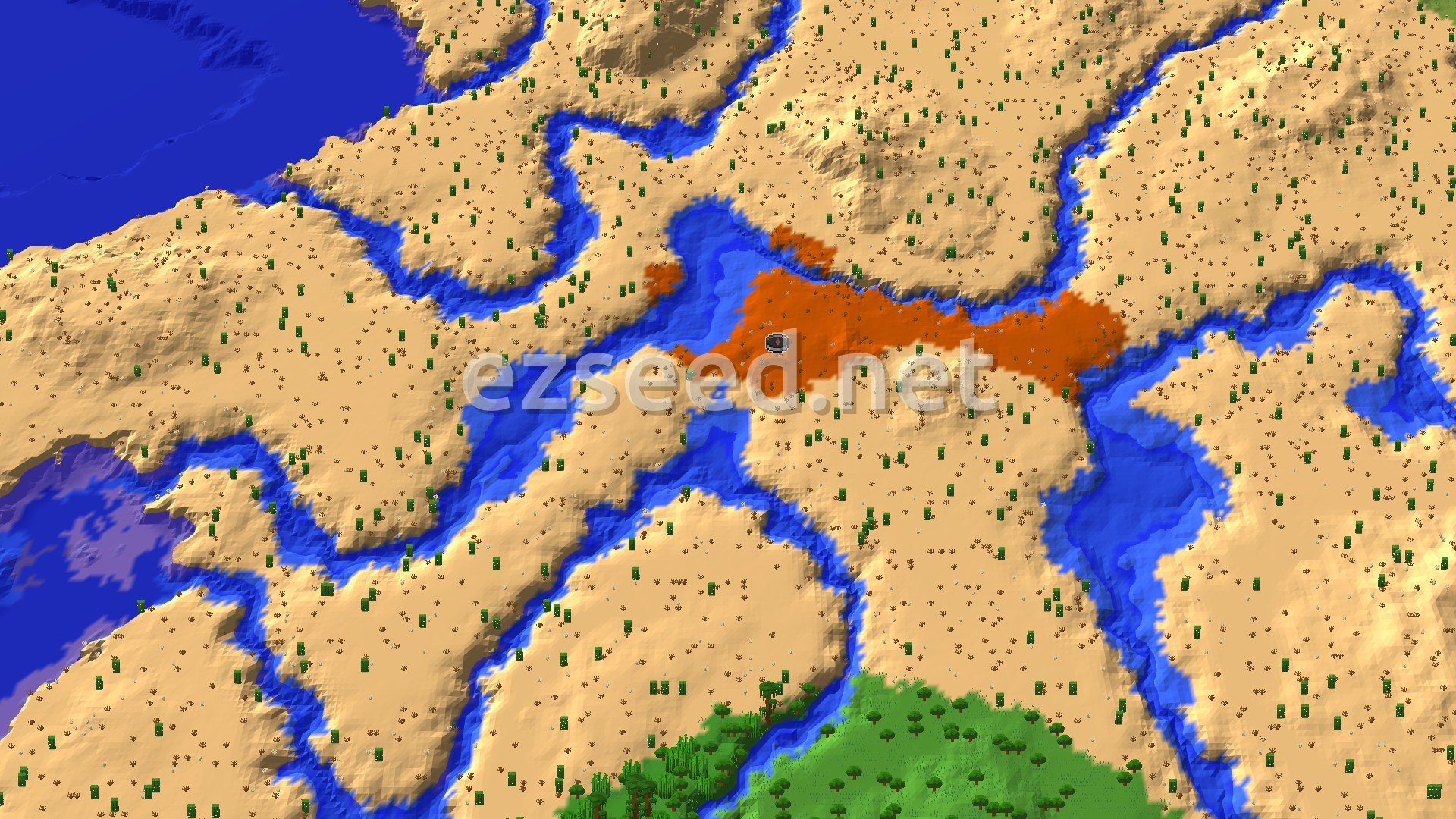A 3D fly-over of the Badlands and Desert biomes around spawn, showing rolling sandy hills, sparse green cacti, and winding rivers. A patch of orange-hued Eroded Badlands is visible, with a small spawn marker at its edge.