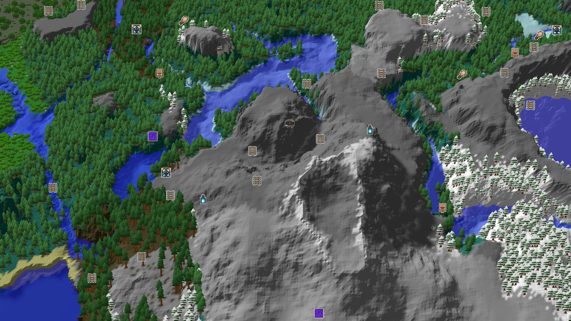 An overhead view of a mountainous, forested landscape, showing a mix of green and snow-capped trees, with a winding river and a small spawn marker in a green grove.