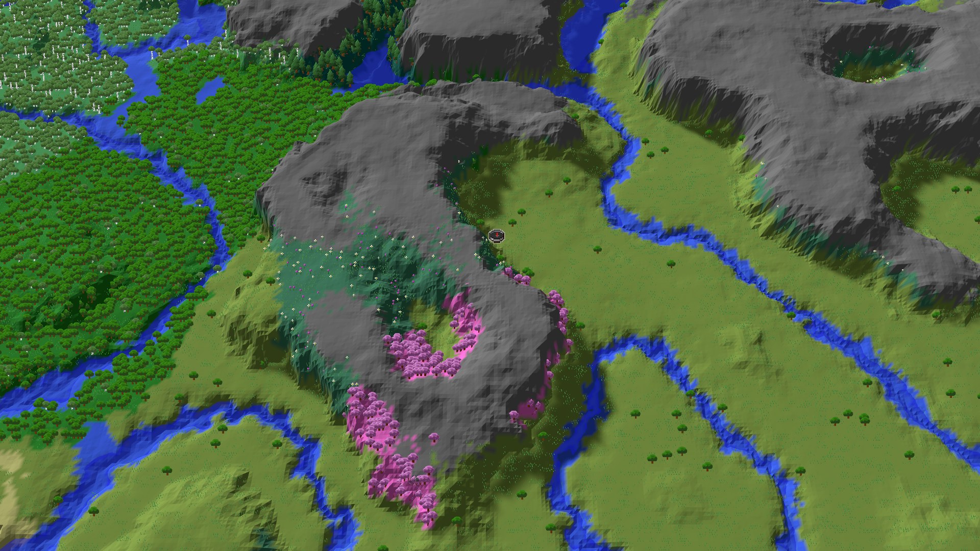 Aerial Minecraft seed map — Spawn in a Plains, Explore Cherry Grove Mountains