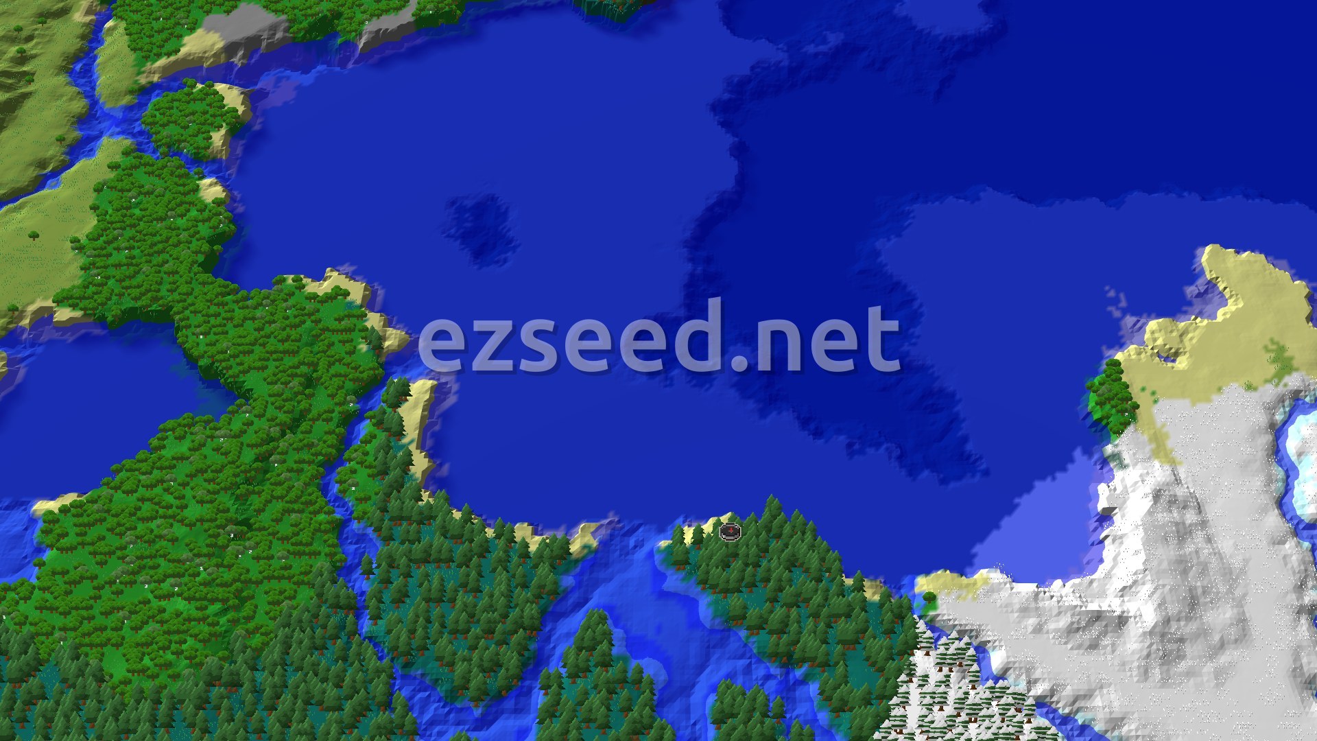 A 3D fly-over of a world, showing a large central body of water surrounded by dense green Taiga forests, with some lighter sandy beach areas and snowy terrain to the south-east.