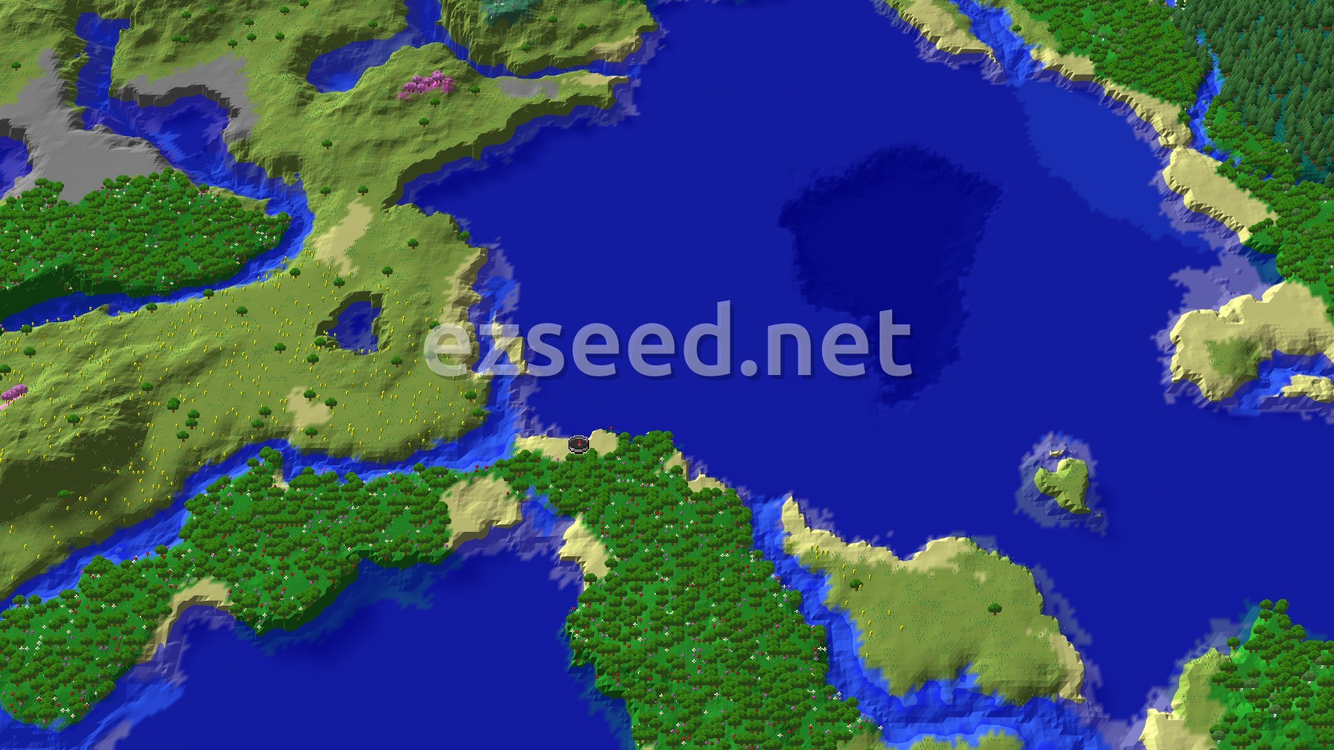 Aerial Minecraft seed map — Flower Forest Spawn with Close Buried Treasure