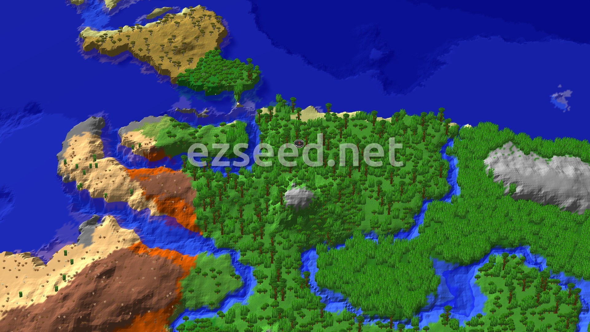 Aerial Minecraft seed map — Jungle Spawn with Nearby Temple and Badlands