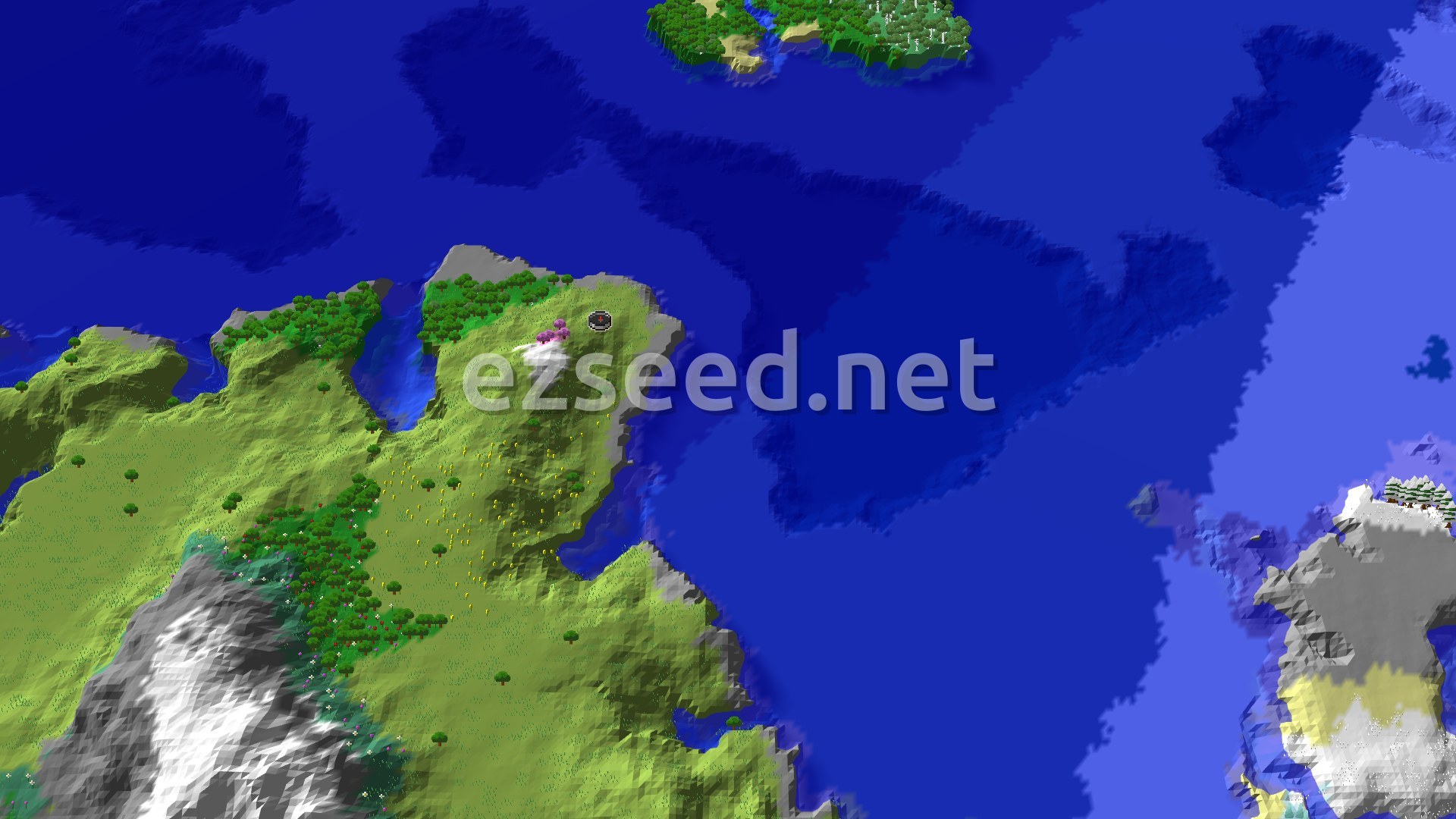 A bird's-eye view of a green, mostly flat plains biome at the center, with a small pink spawn marker. To the south are gray, snow-capped mountains. Water surrounds the plains to the north and east, with a distant island visible.