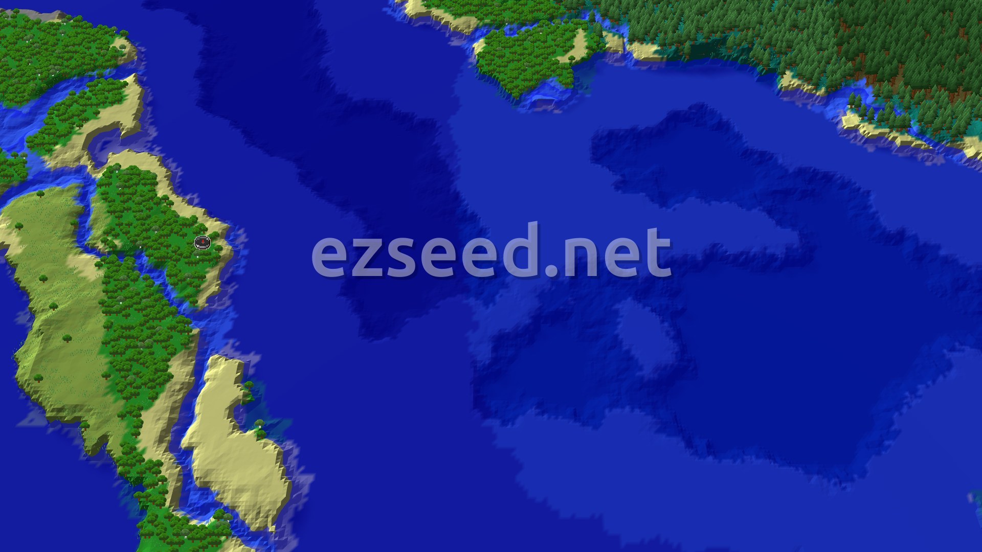 Aerial Minecraft seed map — Ocean-Adjacent Forest Spawn with Nearby Trial Chambers