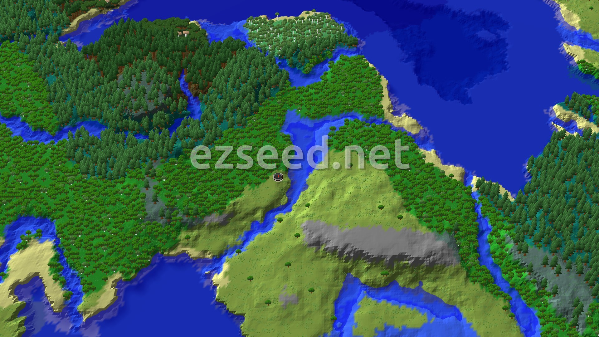 An overhead view shows a large plains area with scattered trees and rivers, bordered by dense forests and a windswept gravelly hills biome to the south, leading to open ocean.
