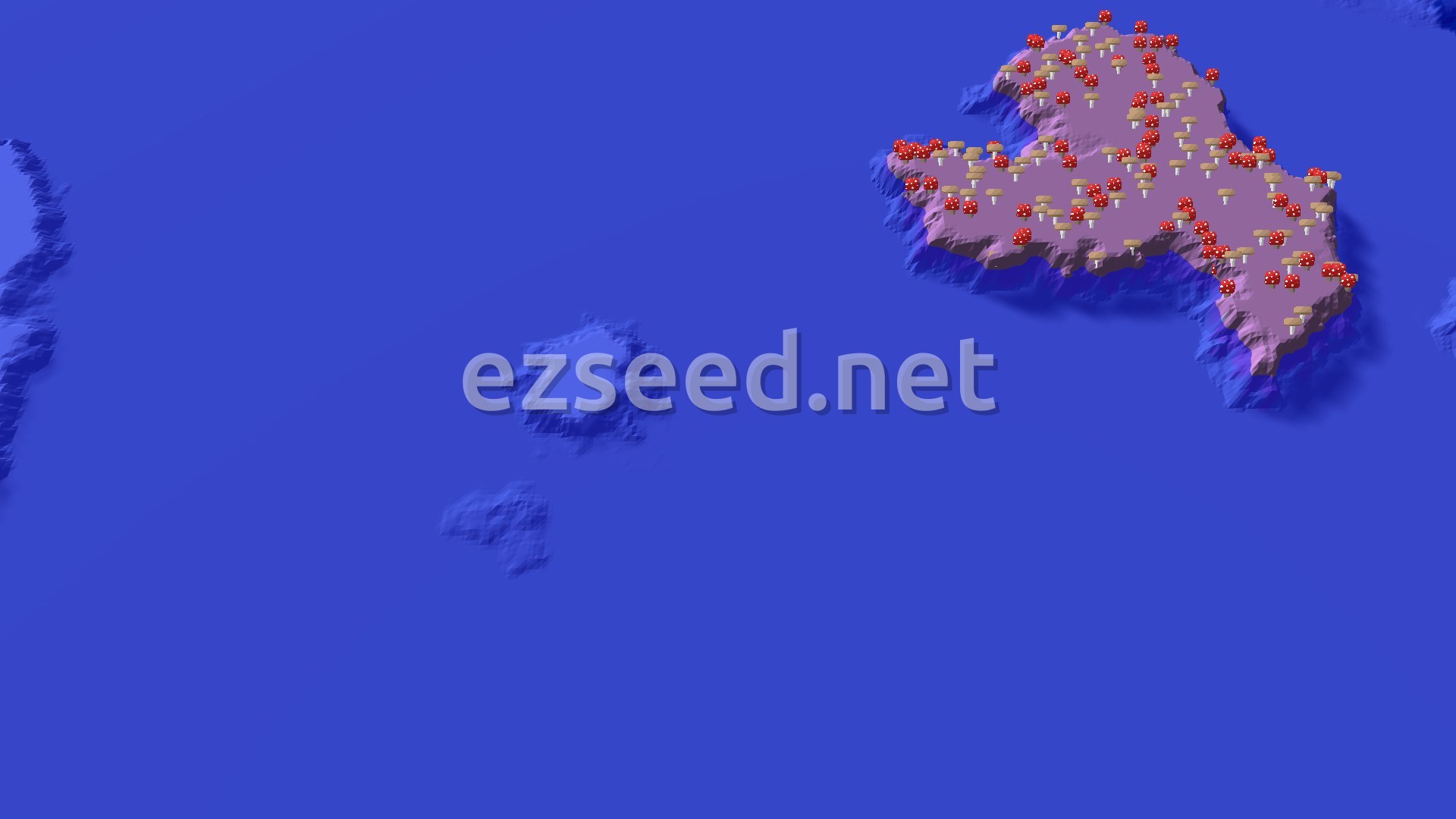 An overhead 3D render of a Mushroom Fields biome, an island covered in red and brown mushrooms, surrounded by deep blue ocean.