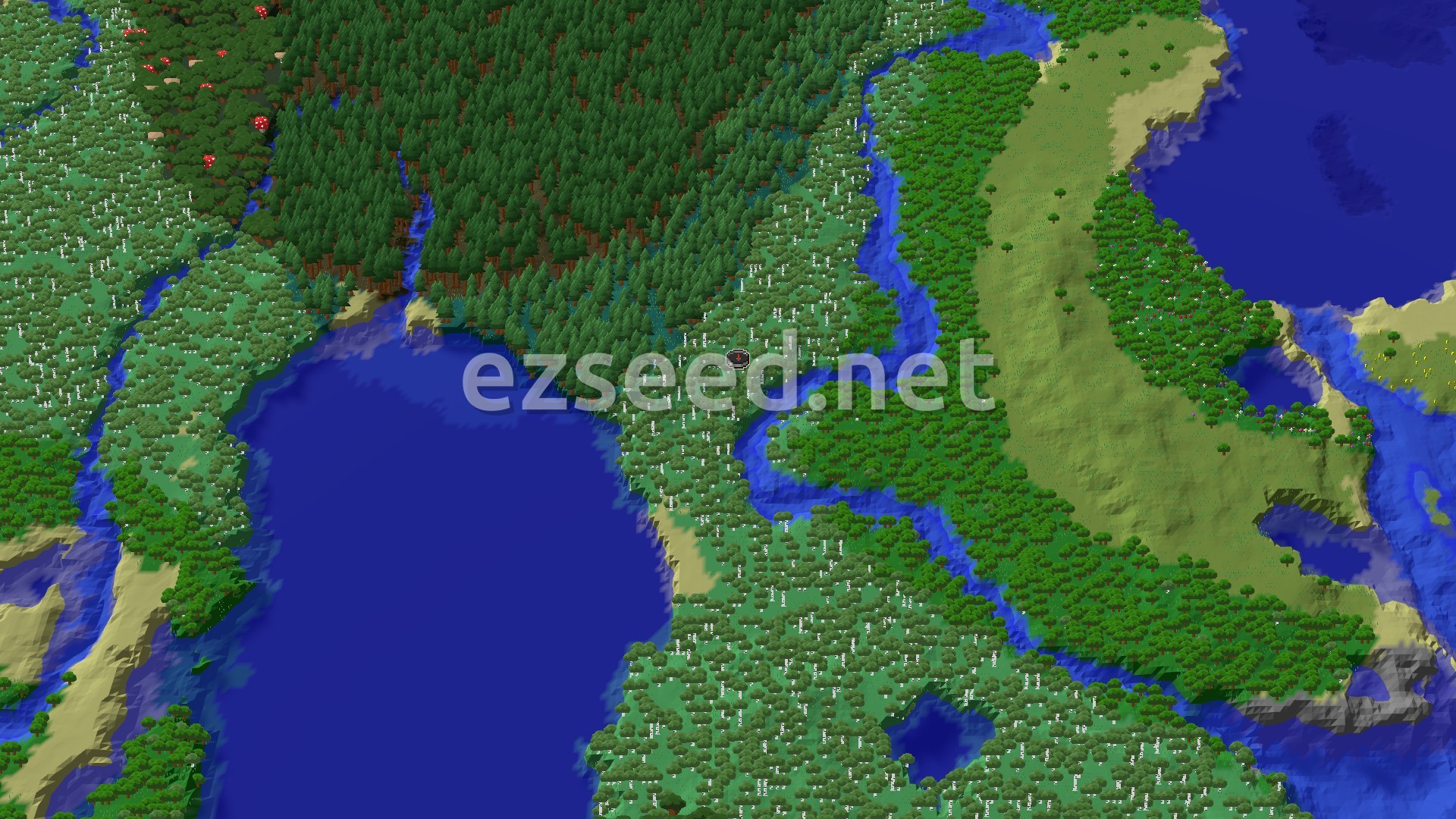 Aerial Minecraft seed map — Forested Islands and Distant Wonders