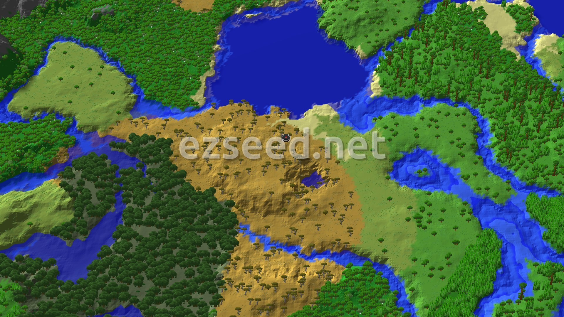 A 3D overhead view of a savanna biome with scattered acacia trees, surrounded by forests and a large lake, with a small player marker at the center.