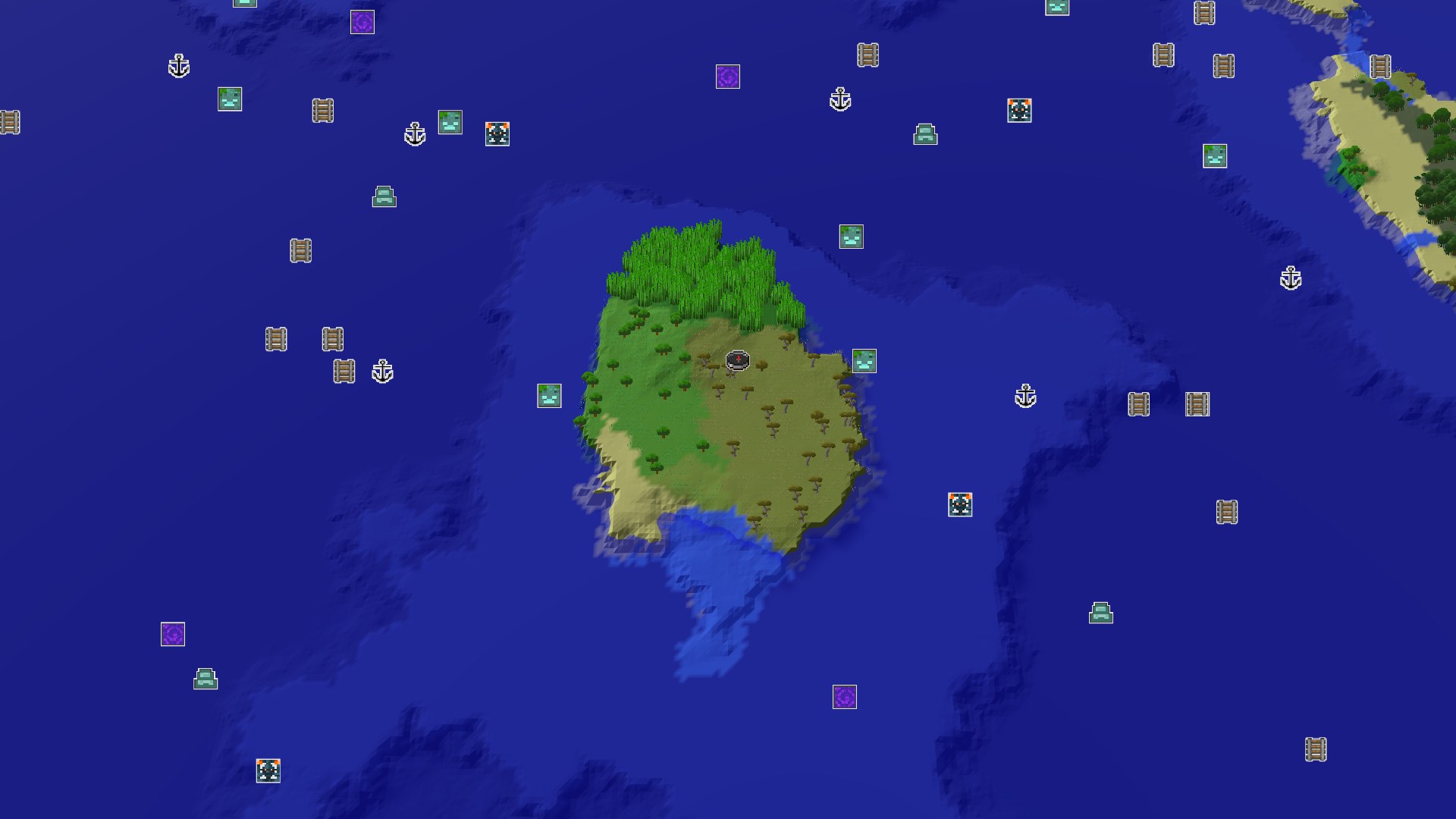 Aerial Minecraft seed map — Spawn on a Savanna Island, Surrounded by Jungle and Ocean