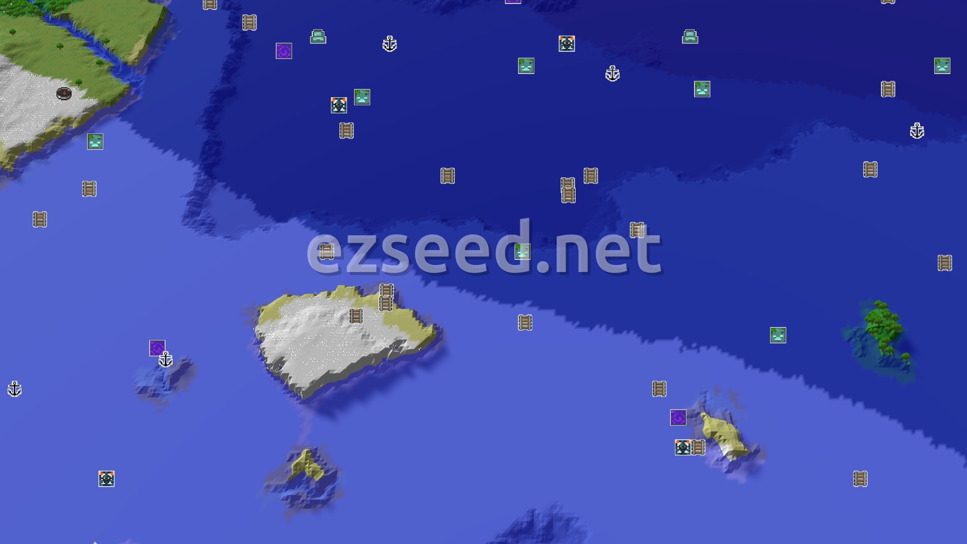 Aerial Minecraft seed map — A Snowy Start Near a Buried Treasure